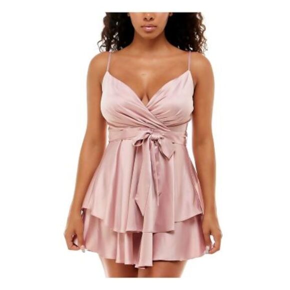 NWT B DARLIN Womens Pink Tie Sash Skirt Spaghetti Strap Mini Dress 5\6 - Picture 1 of 2